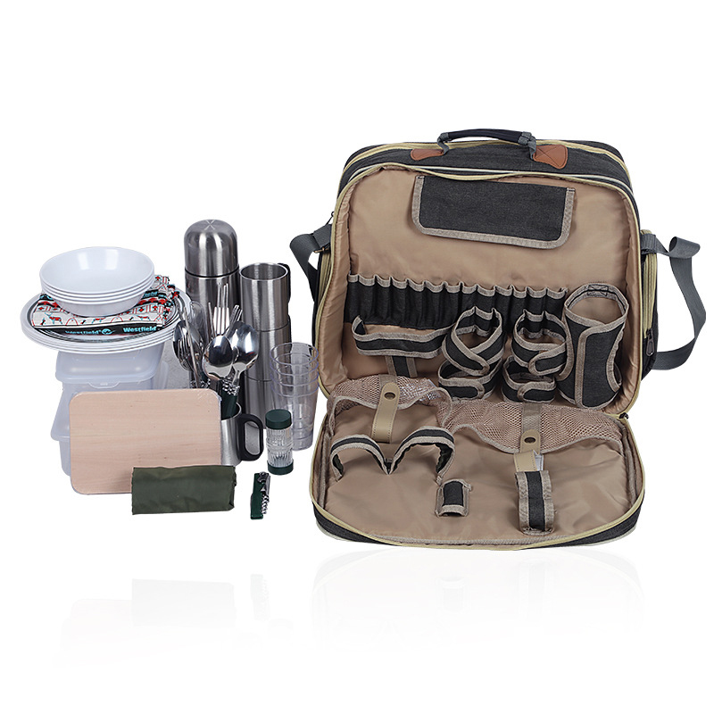 Camping Cooking Set For 4 - Tragbares Luxus-Camping-Picknick-Geschirrset, Outdoor-Geschirrset mit isolierter Tasche,