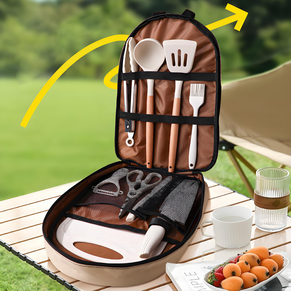 Camping Cooking And Dining Set - 10-teiliges tragbares Camping-Kochutensilien-Set, Silikonspatel, Schöpfkelle, Schneidebrett,
